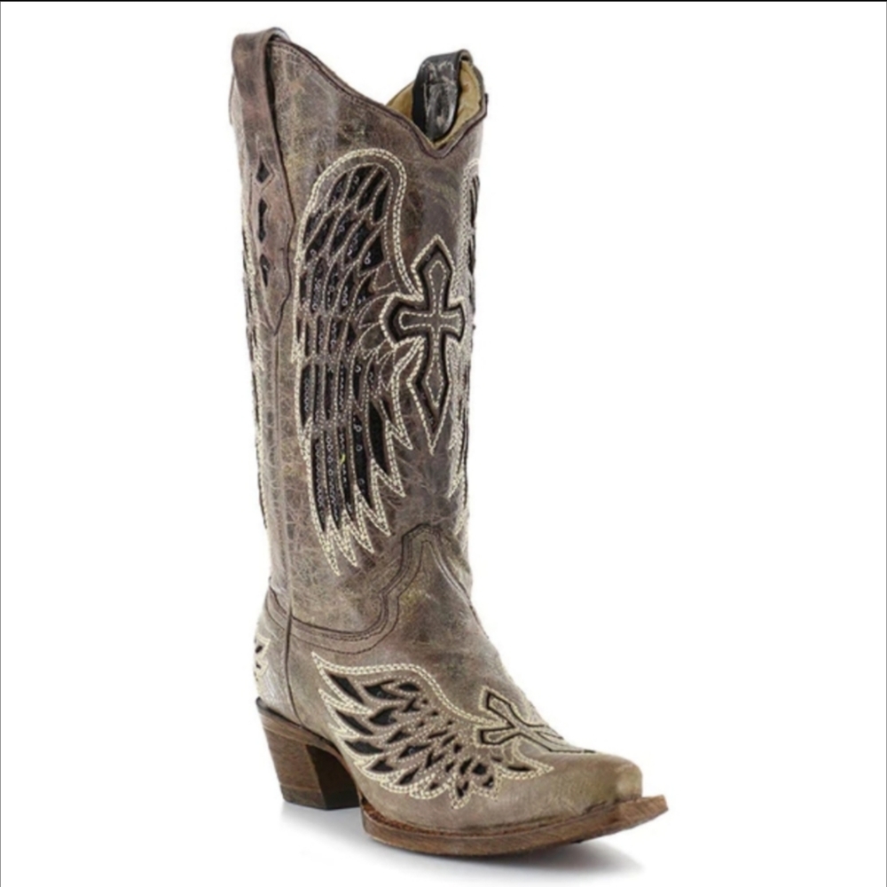 CORRAL A1241 Winged Cross taupe & black sequins snip toe cowgirl boots sz 7.5